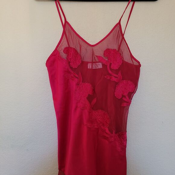 Vtg Y2K Victorias Secret Red Slip Dress Medium Satin Sheer Asymmetrical Romantic - Picture 2 of 7